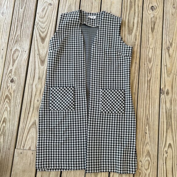 Vintage polyester sleeveless duster vest houndstooth black and white L - Picture 1 of 4